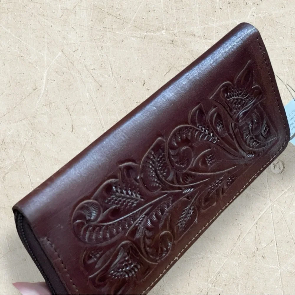 ADAMAlexis NWT Hand Tooled Brown Leather Zip Around Wallet
